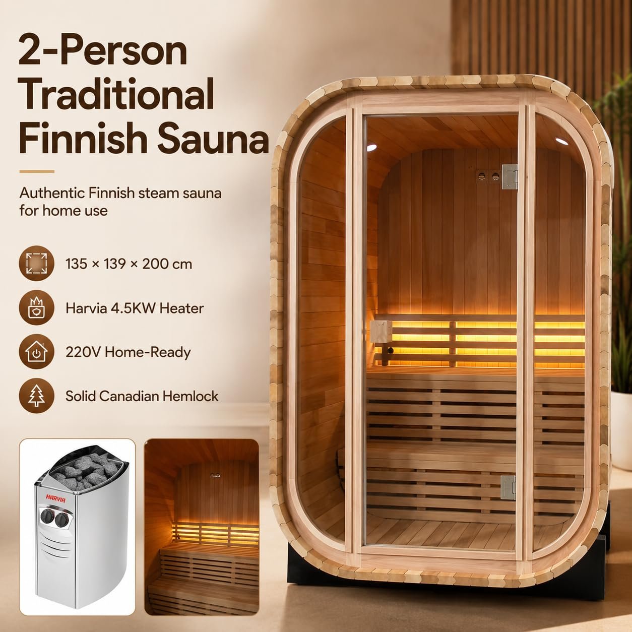 Duthss 2 Person Outdoor Sauna with 4.5kW Electric Heater – Traditional Wood Barrel Steam Sauna, 53 x 55 x 79 in