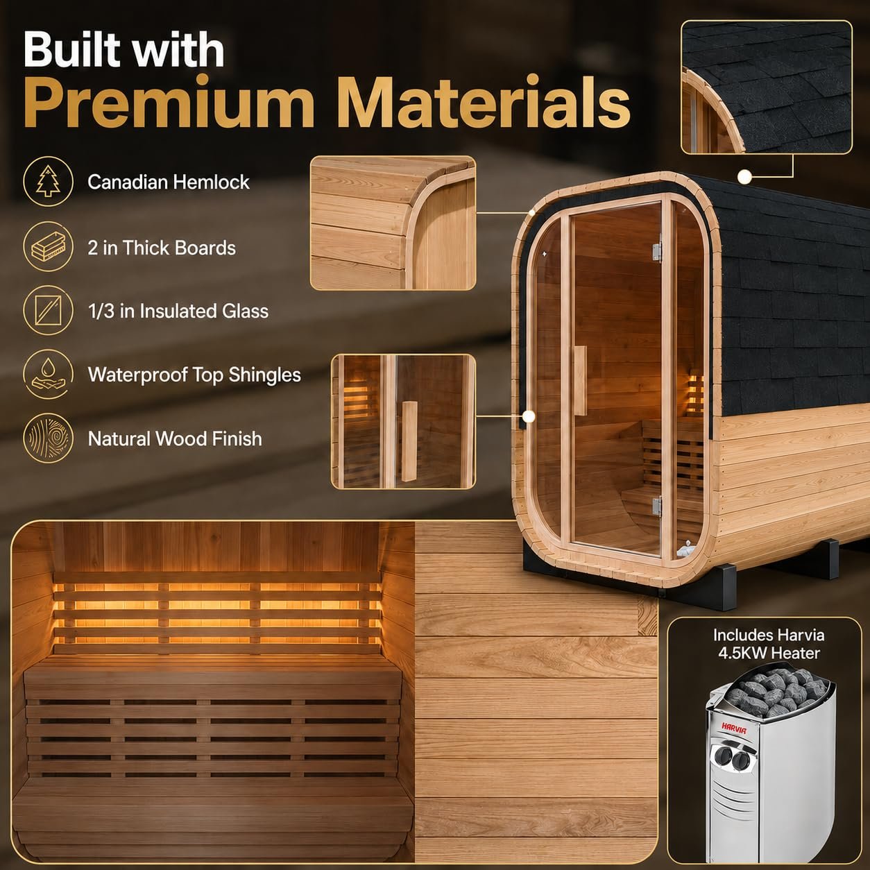 Duthss 2 Person Outdoor Sauna with 4.5kW Electric Heater – Traditional Wood Barrel Steam Sauna, 53 x 55 x 79 in