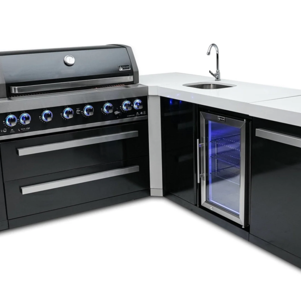 Mont Alpi 805 Black Stainless Outdoor Kitchen Island with Beverage Centre & 90° Corner – Grill, Sink & Fridge