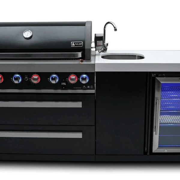 Mont Alpi 805 Black Stainless Steel Outdoor Kitchen Island with Beverage Centre – 6-Burner Gas Grill
